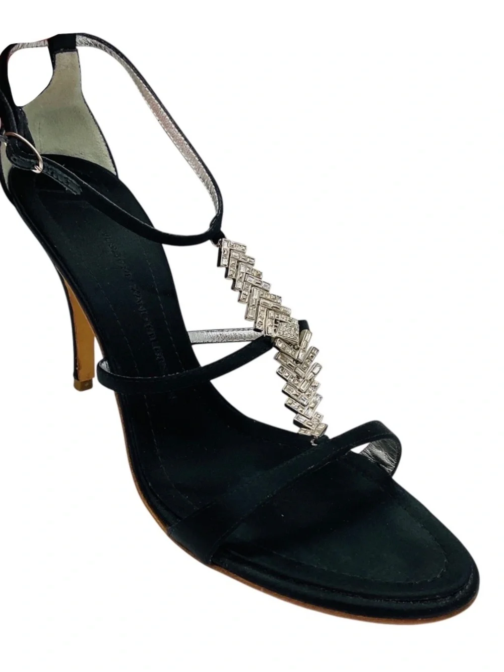 GIUSEPPE ZANOTTI BLACK CRYSTAL EMBELLISHED STRAPPY SATIN SANDALS